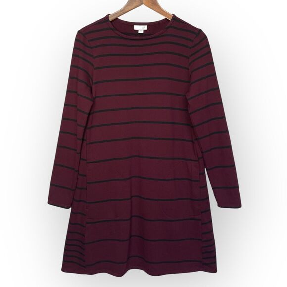 J.Jill‎ Shift Dress Women Size S Red Striped Pockets Cotton Rayon Long Sleeve - Picture 1 of 12